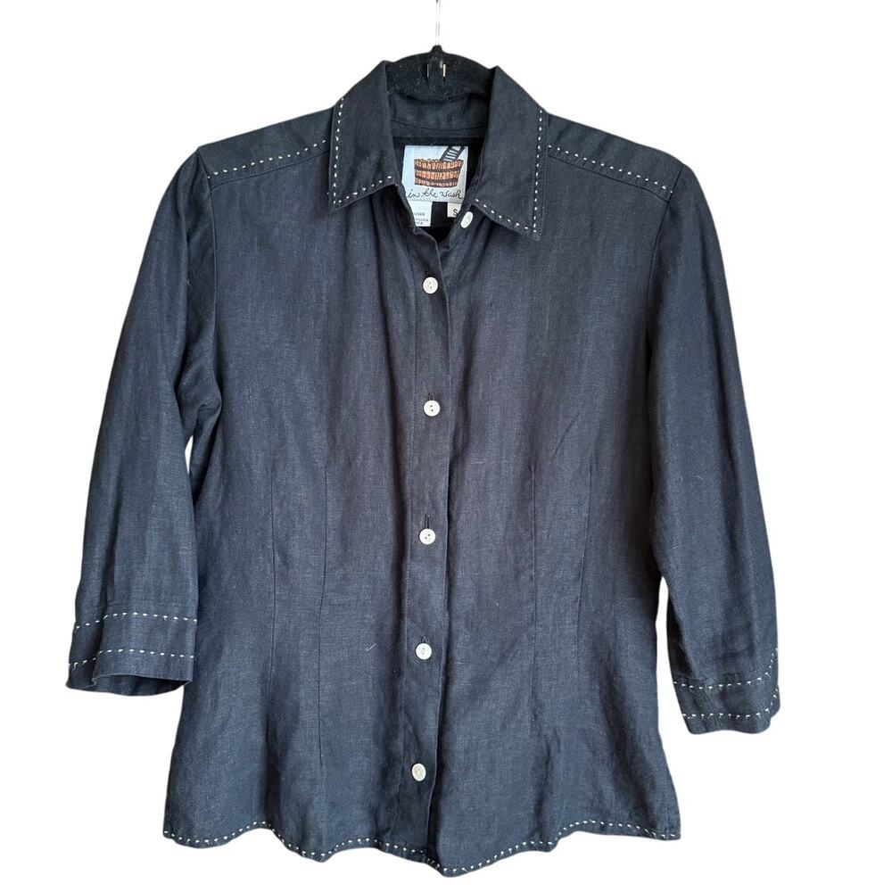 In The Wash Black Linen Button Down Blouse Shirt Size S Western Casual Minimal